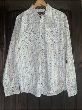 Split White Shirt with Light Blue Floral Stripe - Size L